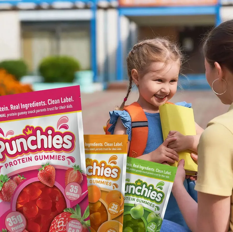 Growth gummies: kids heading to school with Punchies protein gummies in their bags